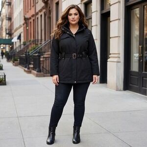 ZeroXposur Coat Womens 1X Black Faux Fur Hood Belt Soft Shell Jacket Minimalist